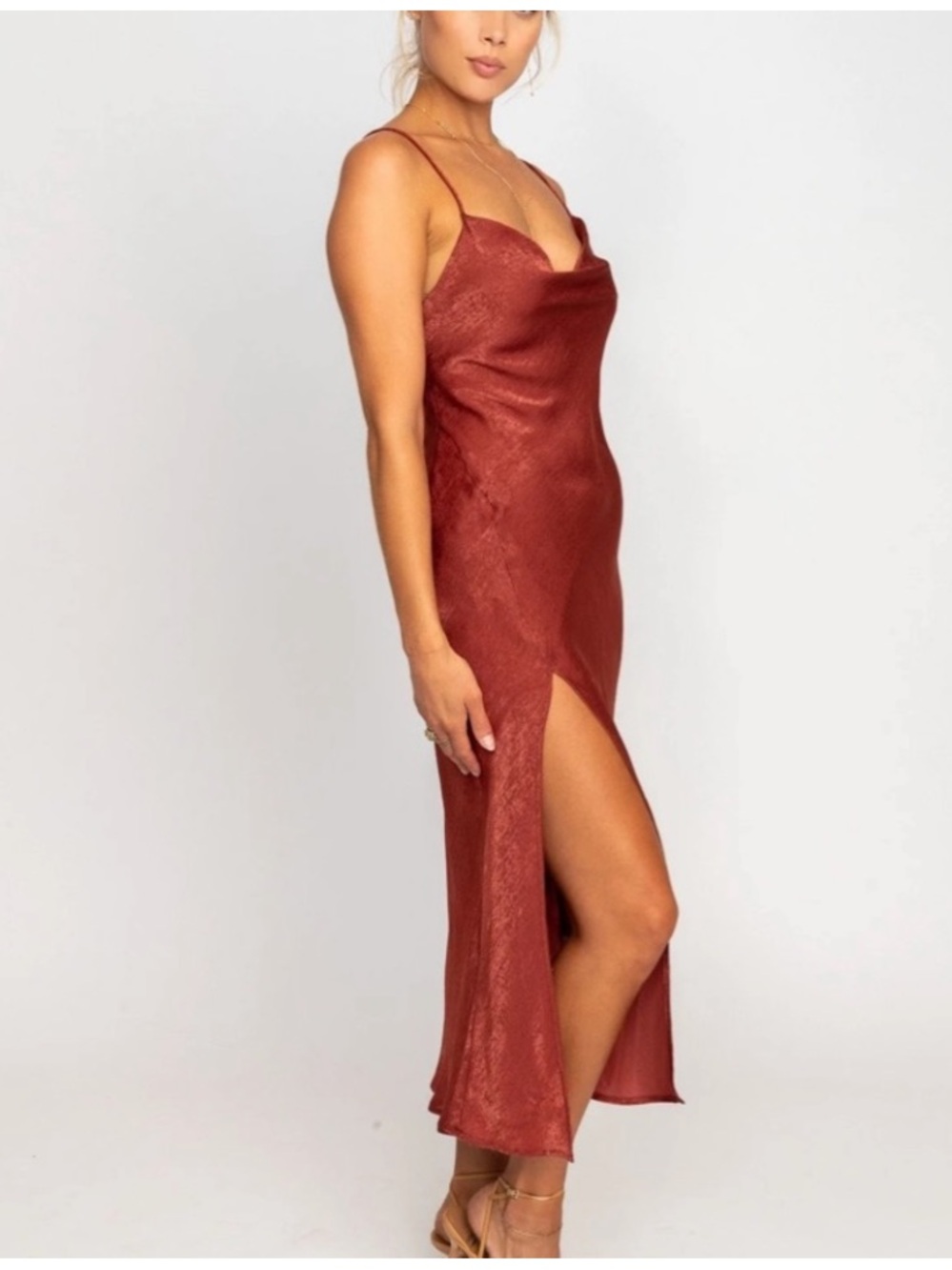 New RESA Madison Slip Cowl Neck Slip Midi Dress in Sunset
